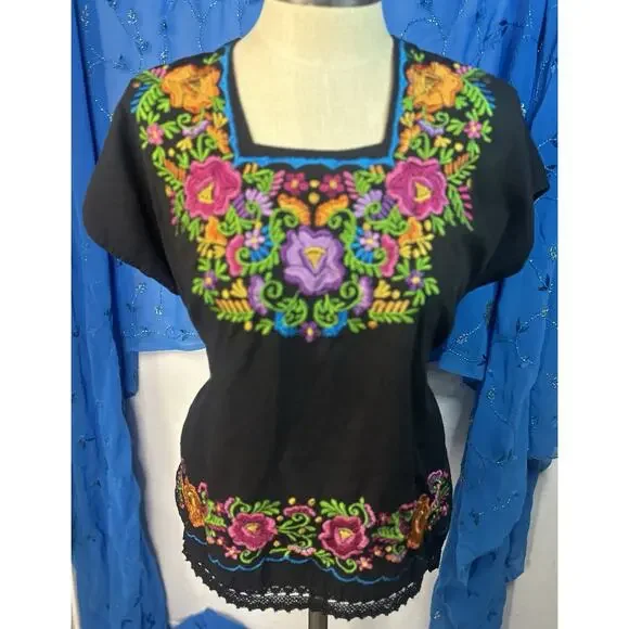 Handmade Mexican Floral Embroidered Top With Tie Back XL - Picture 2 of 7